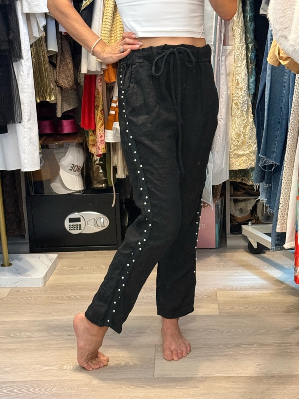 100% Linen Black Pearl Studded Pants (made in Italy)